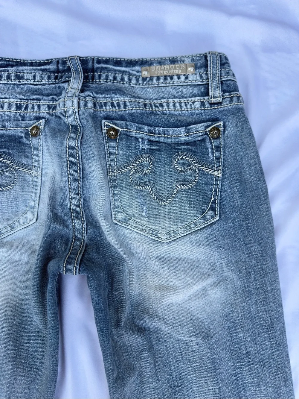 y2k rerock by express low rise light wash bootcut embroidered jeans size 8R
